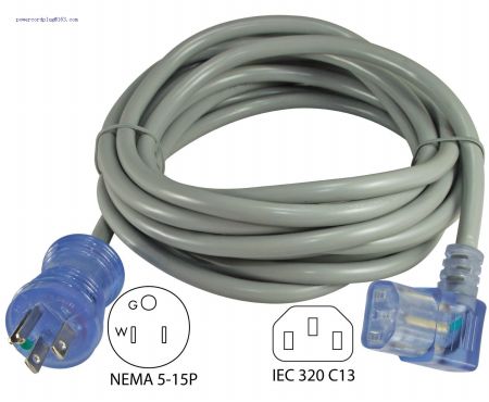 Hospital Grade Green Dot Cord 15-Foot SJT 105C NEMA 5-15P to IEC 320-C13 Right Angle